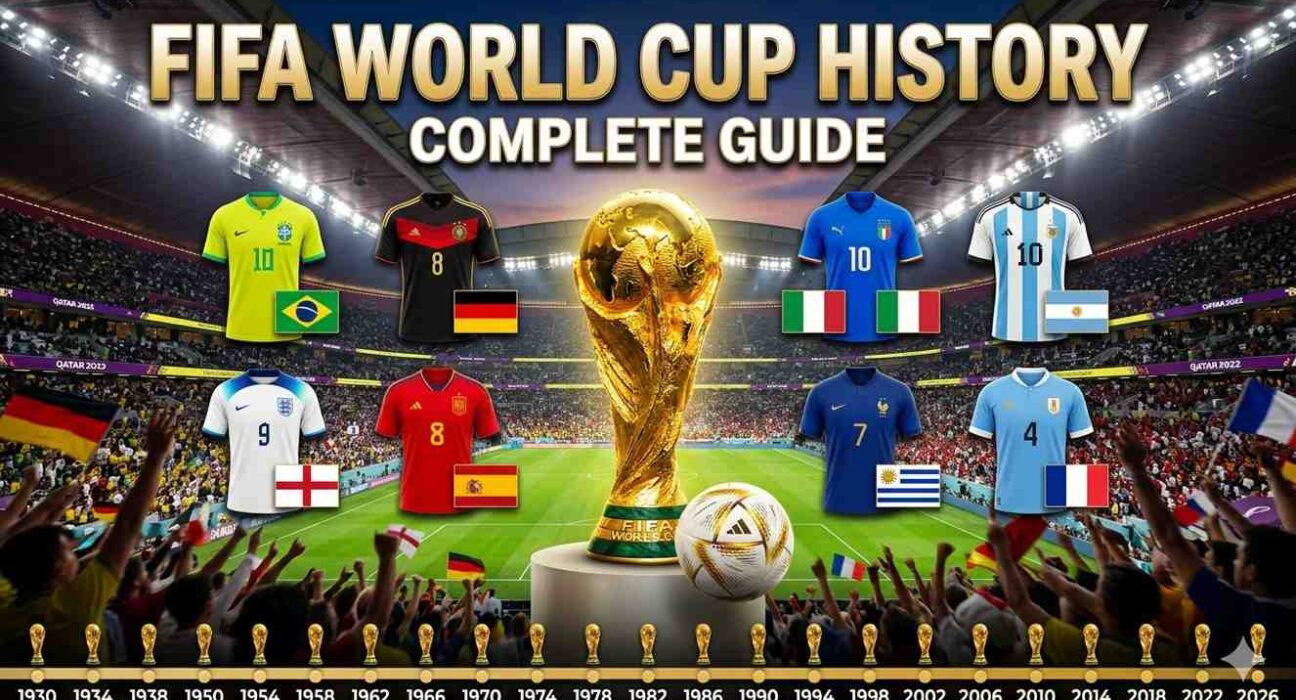 FIFA World Cup history complete guide timeline showing all winners from 1930 to 2022 with World Cup trophy soccer ball and champions