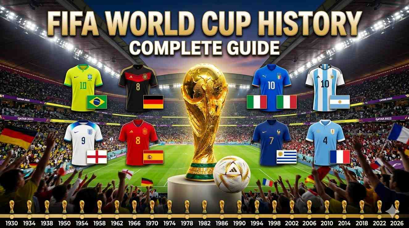 FIFA World Cup history complete guide timeline showing all winners from 1930 to 2022 with World Cup trophy soccer ball and champions