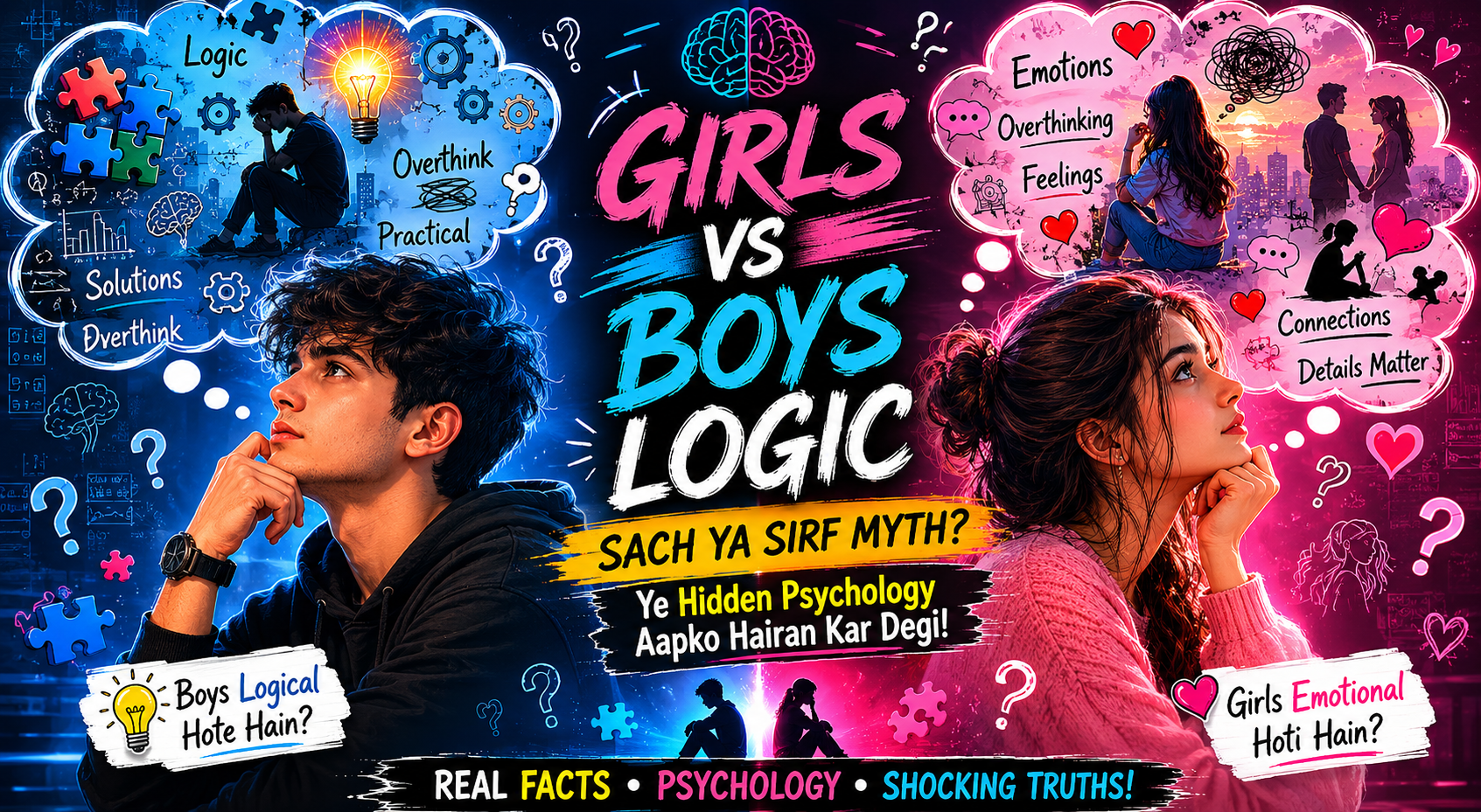 An illustrative conceptual image comparing girls vs boys logic and psychology in a creative, modern style.