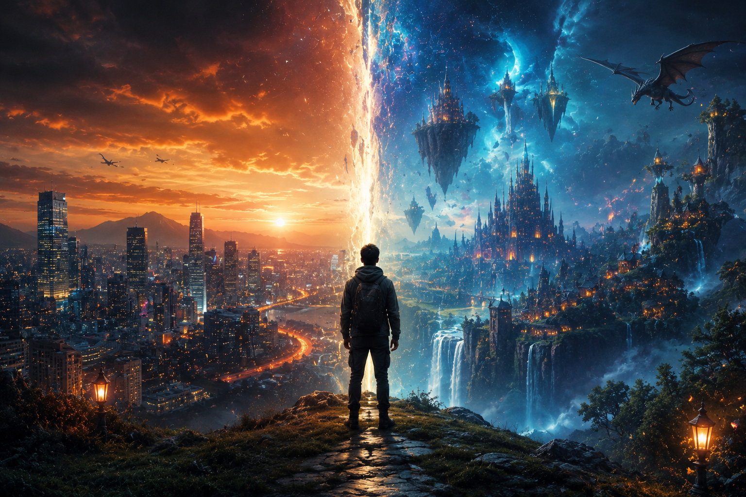 Man standing between modern city and fantasy kingdom world.