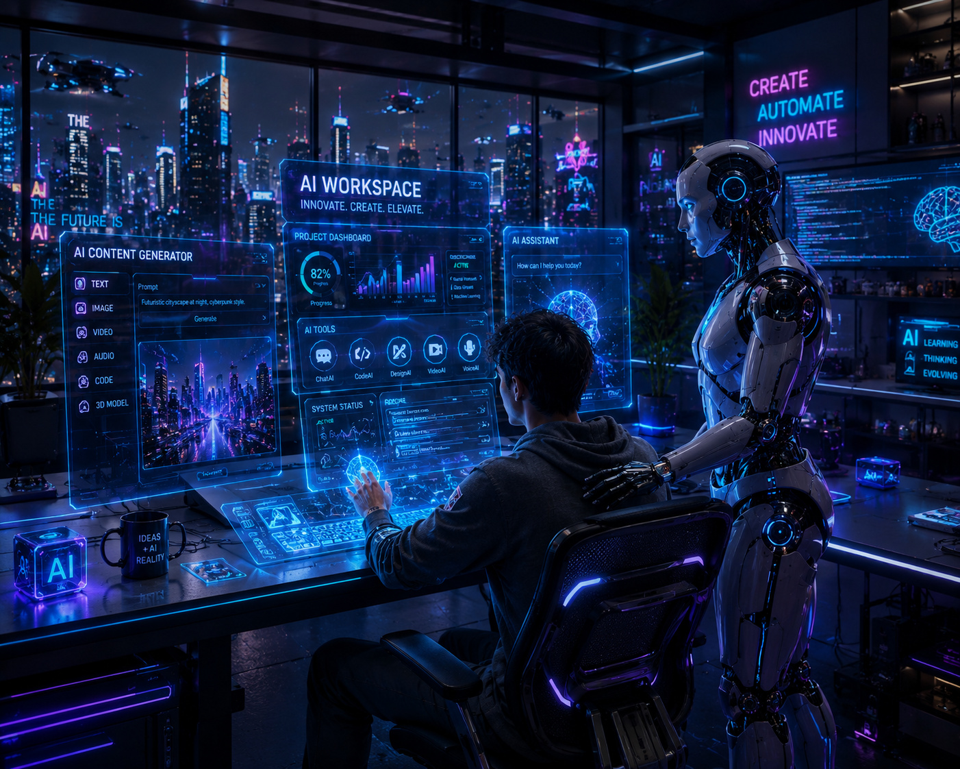 Futuristic AI workspace with robot and holographic screens.