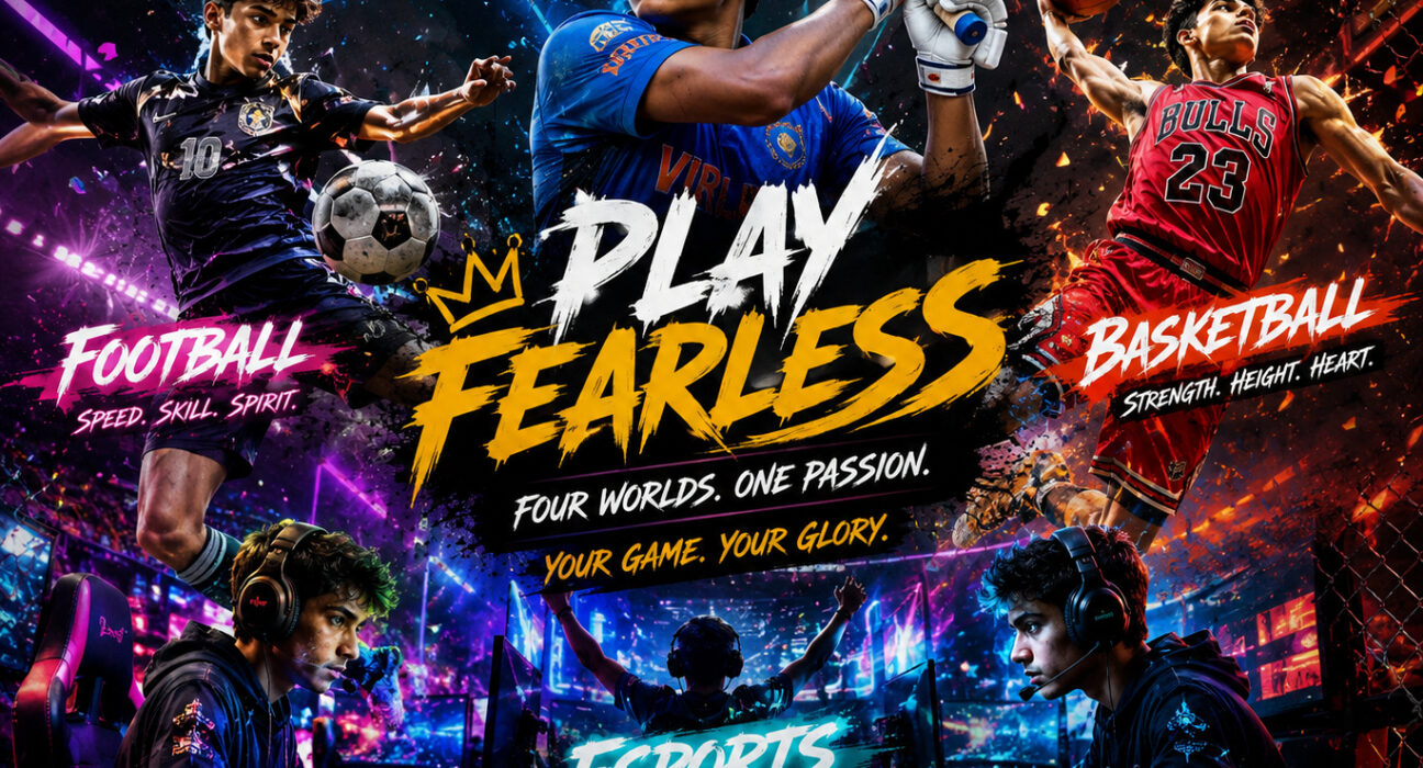 Young athletes and esports players in a neon sports collage.