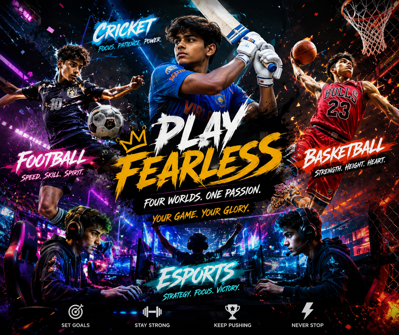 Young athletes and esports players in a neon sports collage.