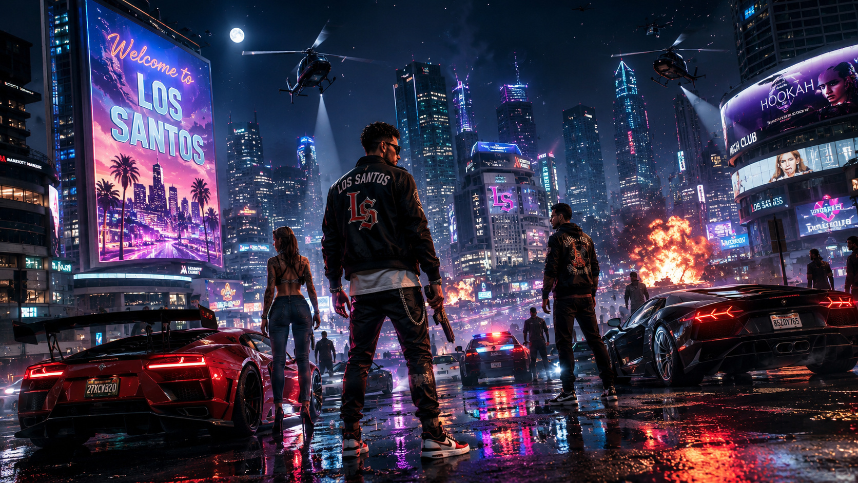 Neon city, supercars, police chase and cinematic action.