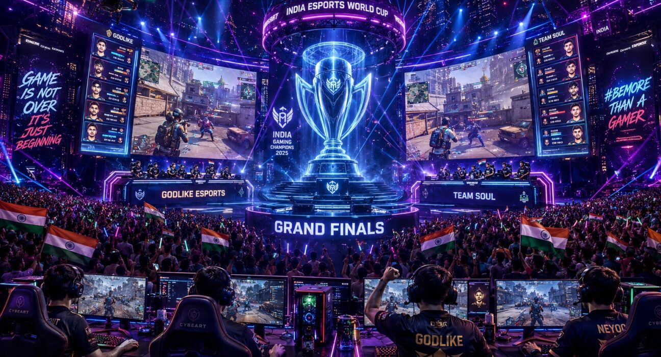 Indian esports grand finals in a futuristic neon arena.