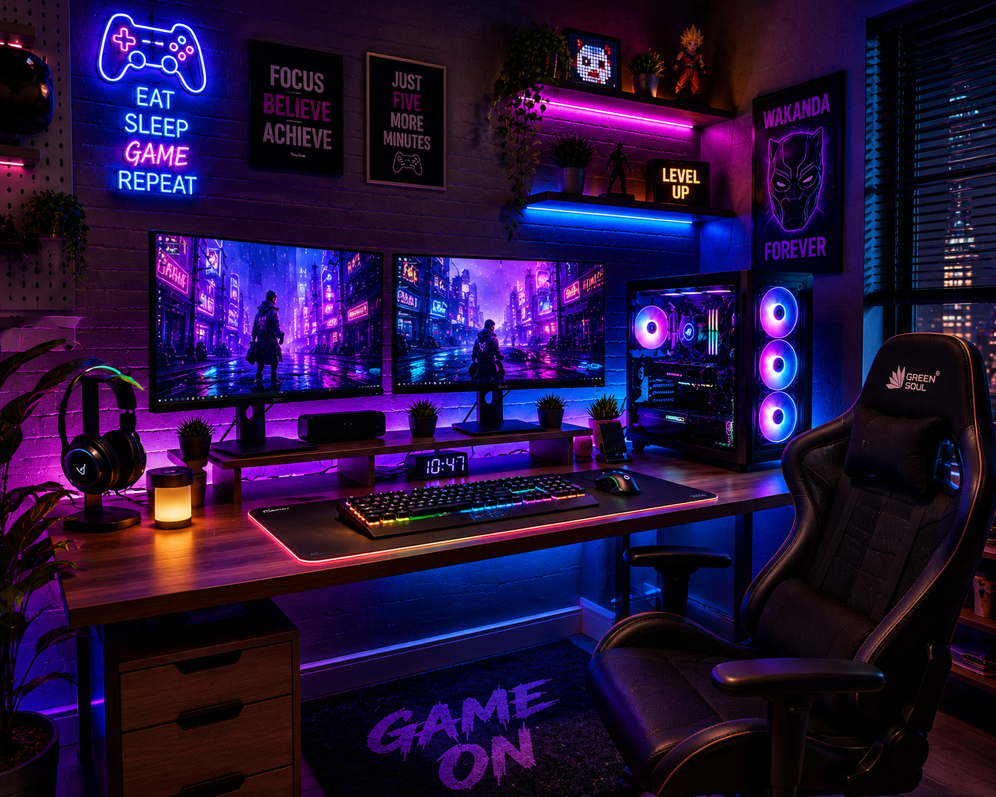 Budget RGB gaming setup with dual monitors and neon lights.