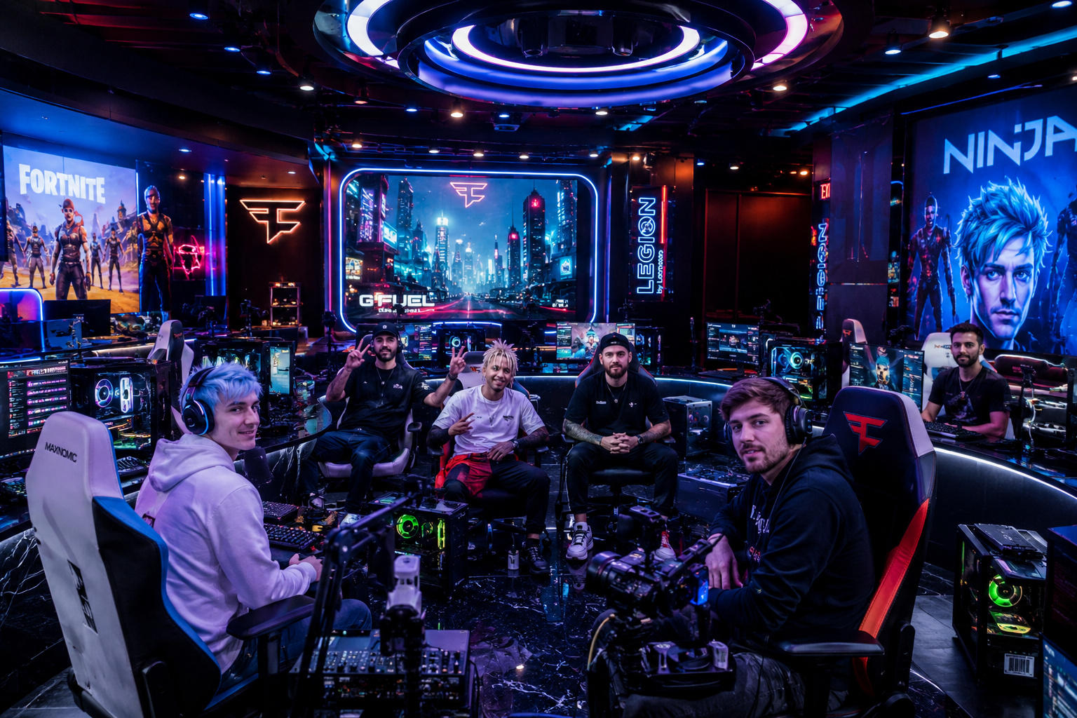 Luxury gaming studio with pro streamers and RGB setup.