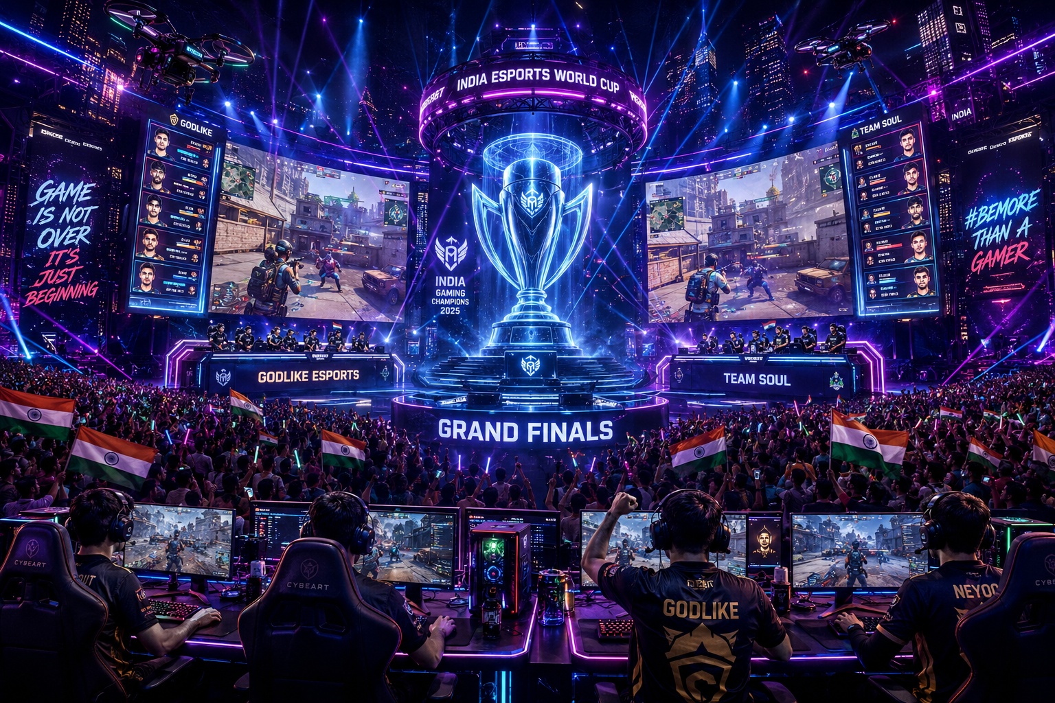 Indian esports grand finals in a futuristic neon arena.