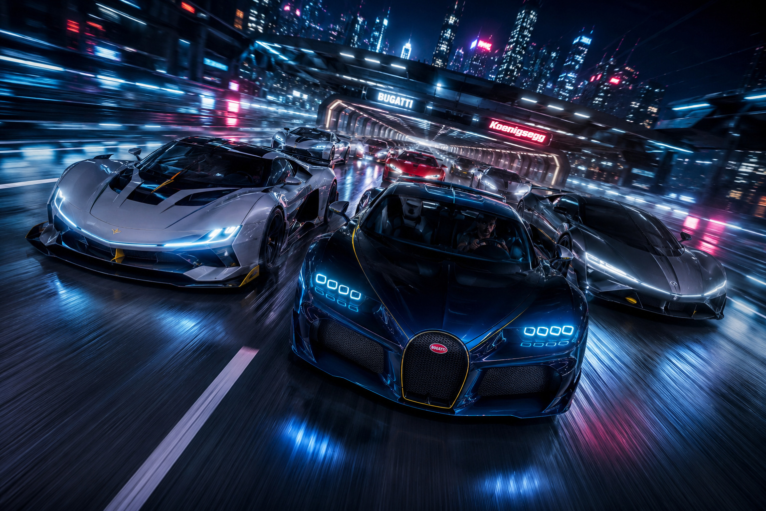 Futuristic hypercars racing on a neon-lit city highway