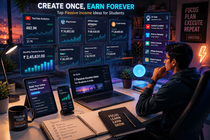 Student earning passive income with online business dashboard.