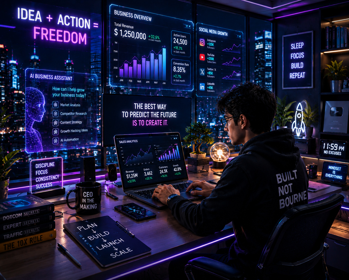 Futuristic entrepreneur workspace with AI and growth charts.