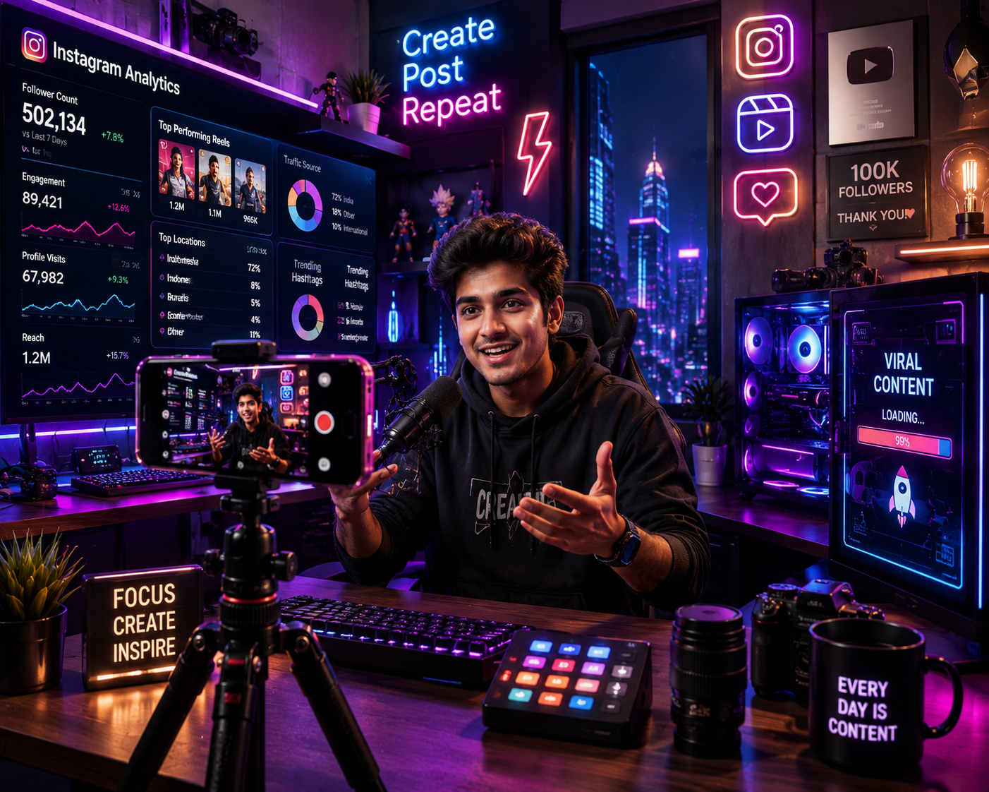 Indian creator recording viral reels in RGB studio setup.