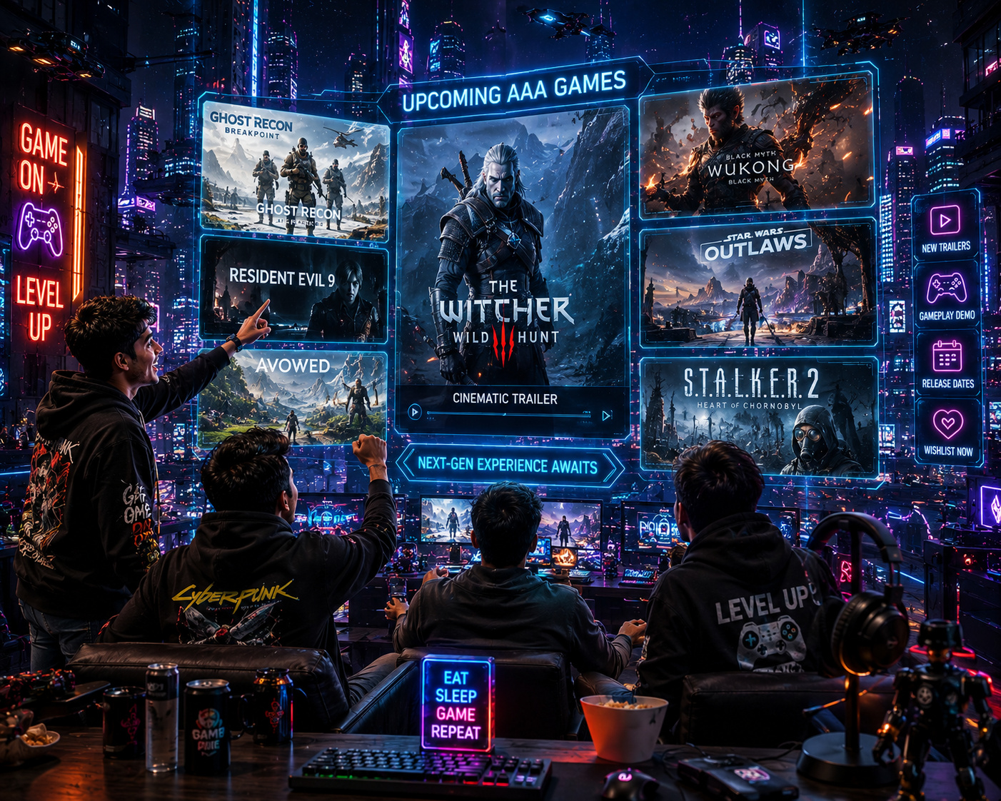 Gamers watching upcoming AAA games in cyberpunk city.