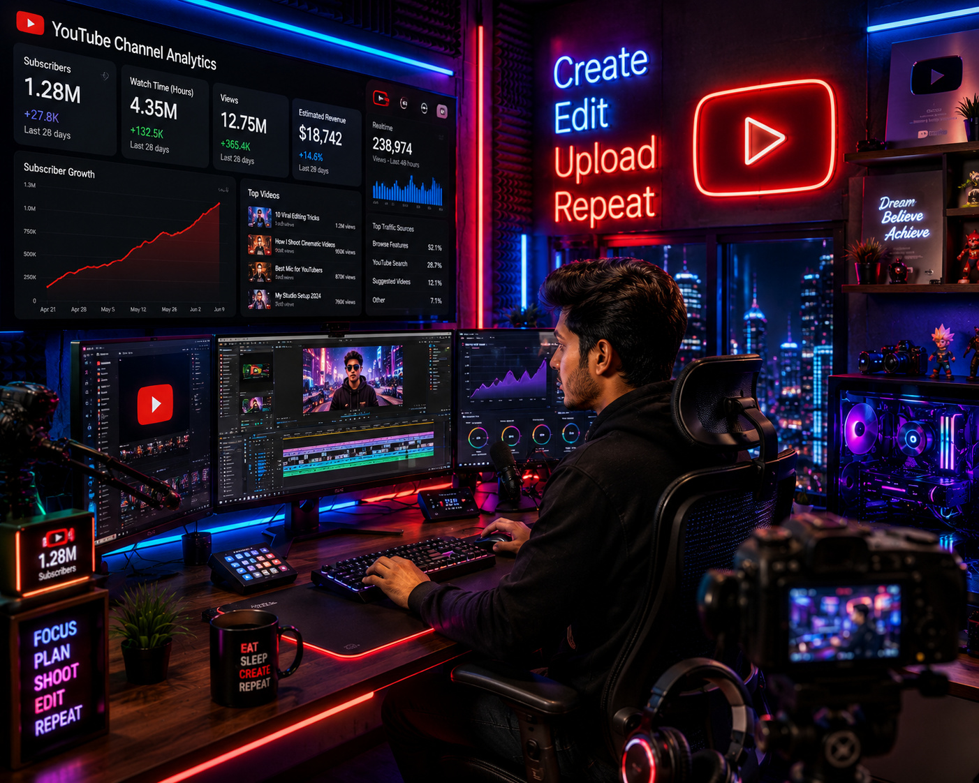 YouTube creator editing videos in futuristic RGB studio.