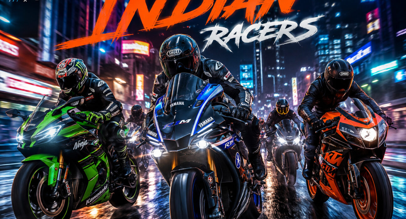 Indian superbike racers speeding through neon city streets