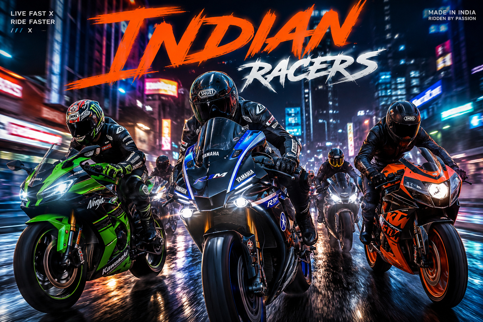 Indian superbike racers speeding through neon city streets