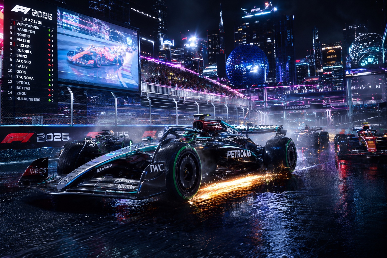 Futuristic Formula 1 night race with neon city lights.