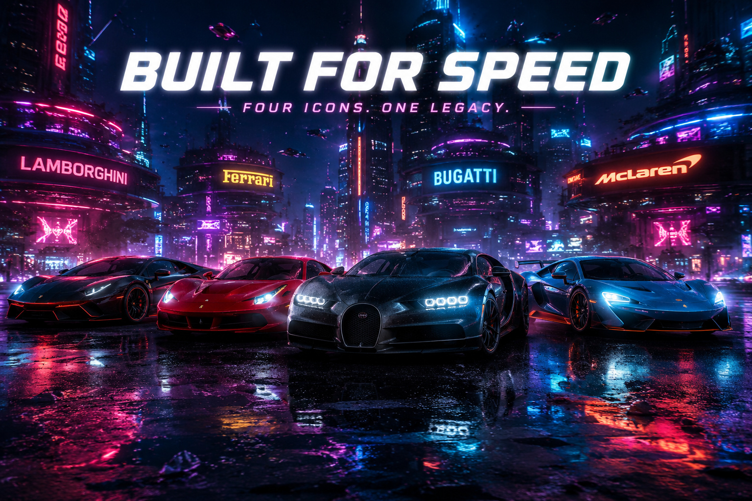 Cyberpunk city mein luxury supercars ki stunning lineup