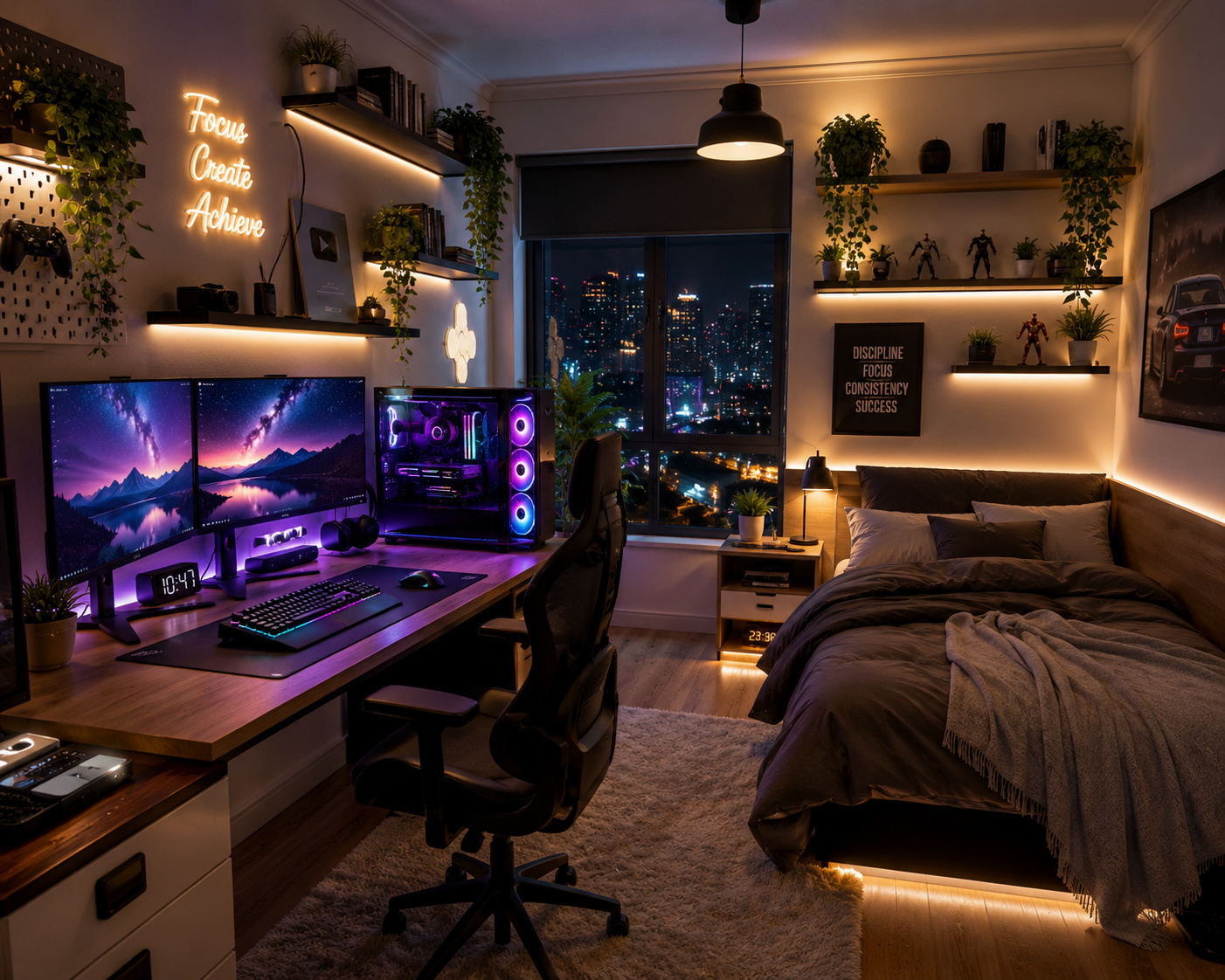 Cozy RGB gaming bedroom with modern creator workspace.