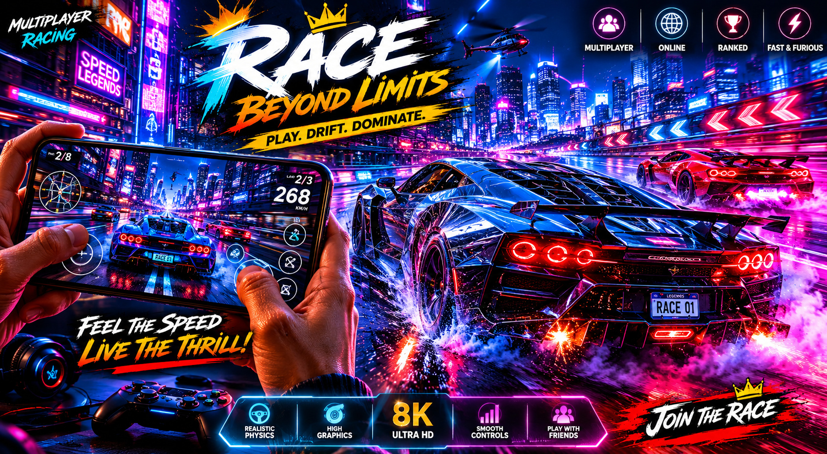 Mobile racing game with neon sports cars in cyberpunk city.