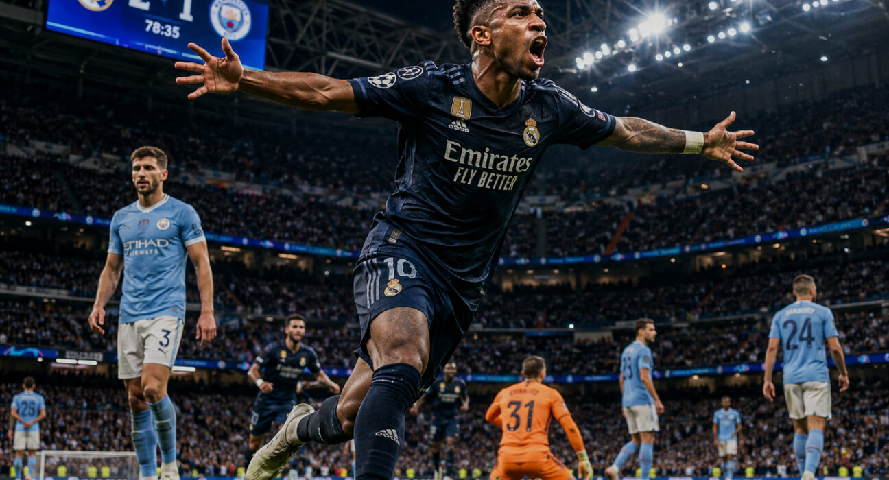 Top football stars in a futuristic stadium under bright lights.