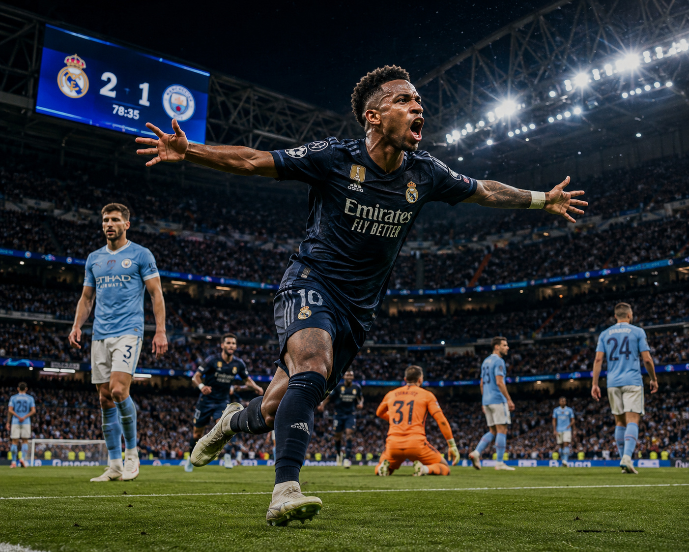Top football stars in a futuristic stadium under bright lights.