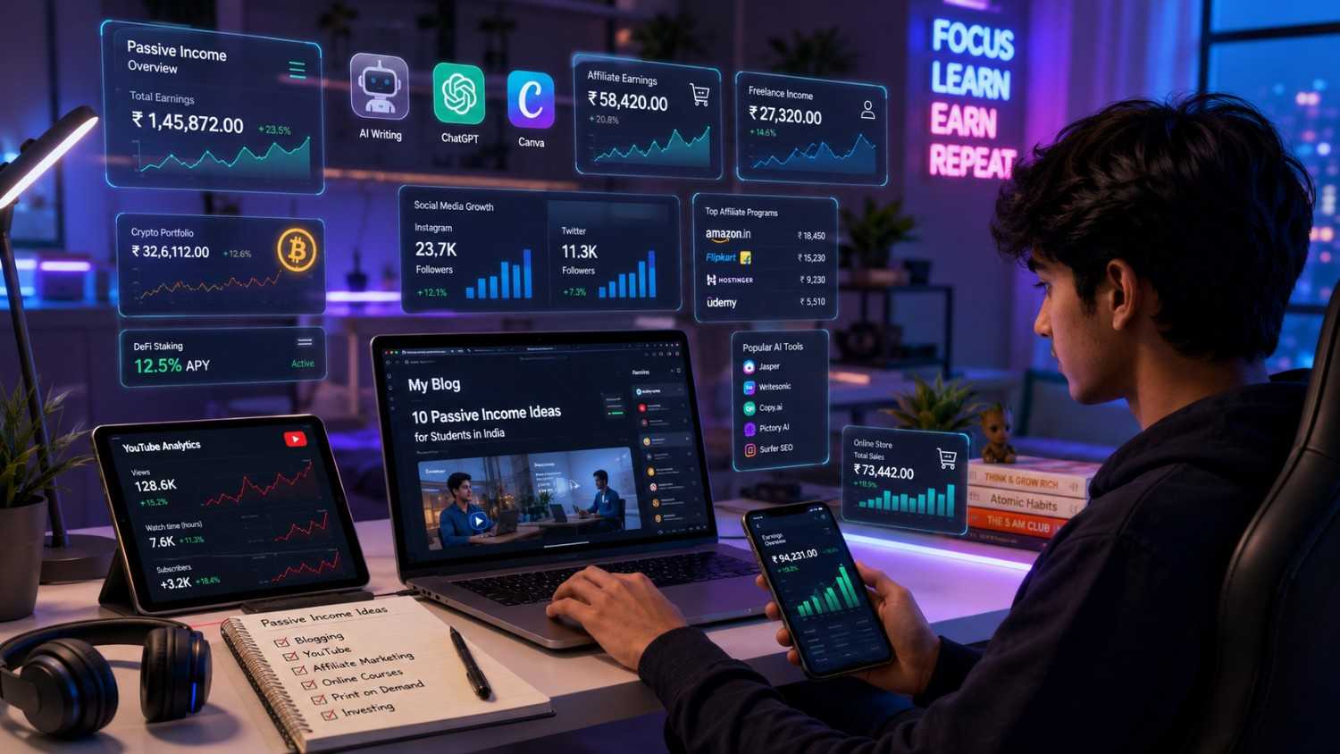 Student tracking AI-powered passive income streams online
