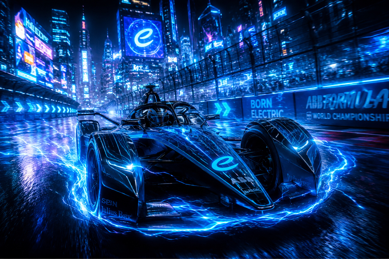 Futuristic electric race car on neon cyberpunk track