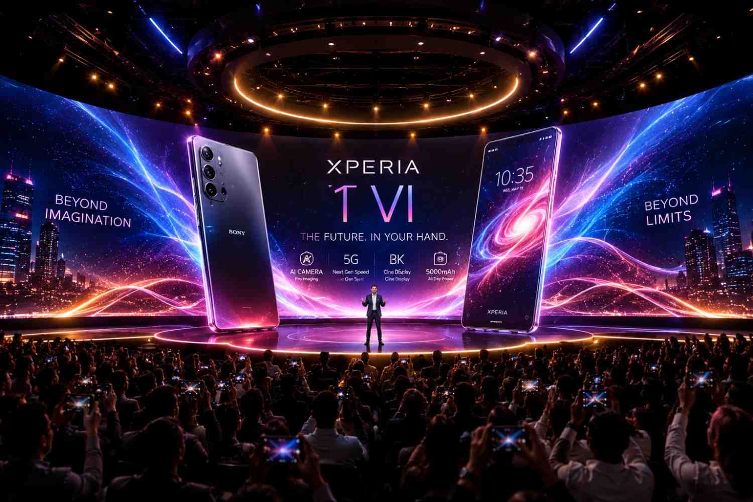 Futuristic smartphone launch event with holographic displays