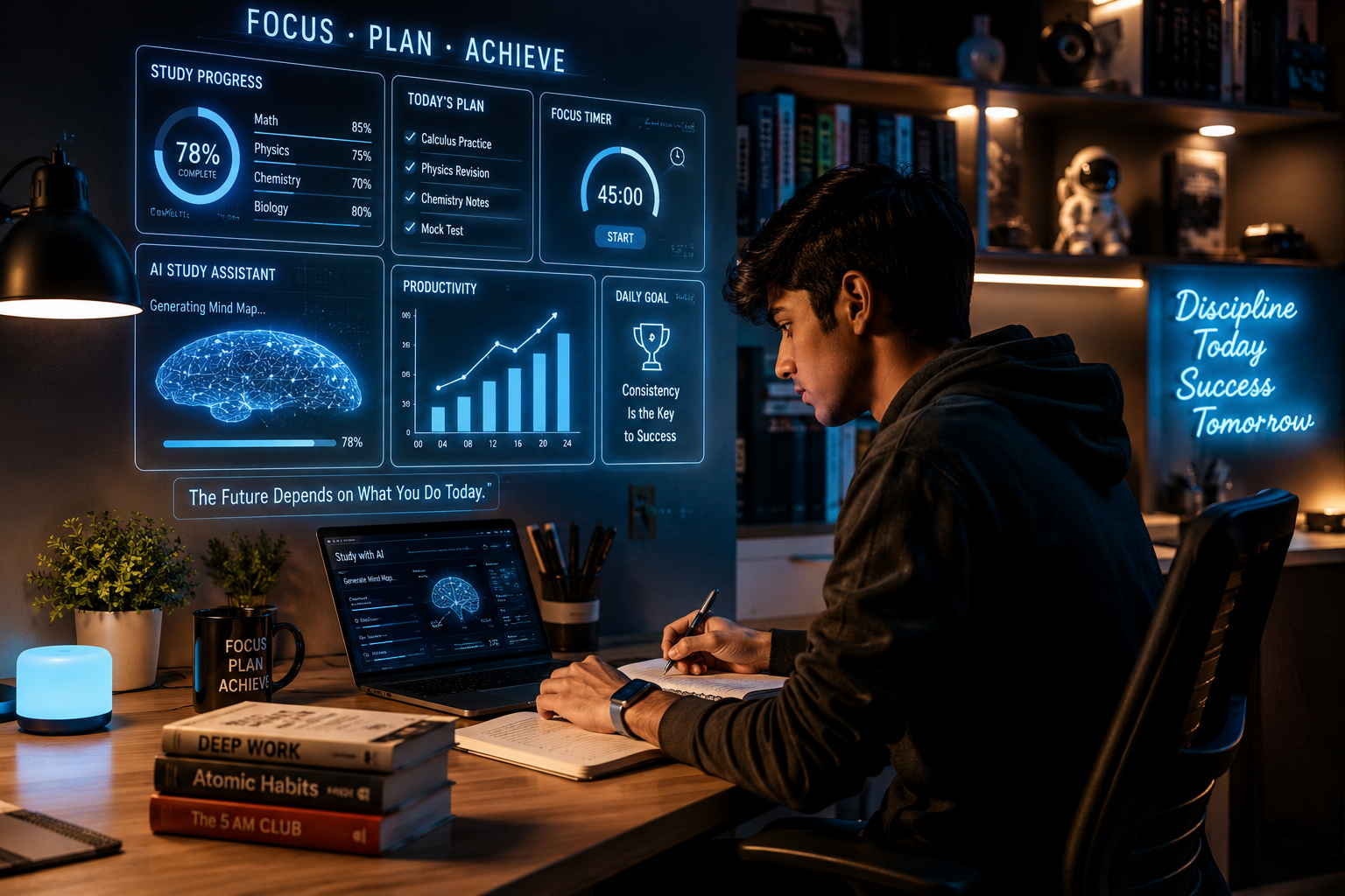 AI-powered smart study workspace with focused student.
