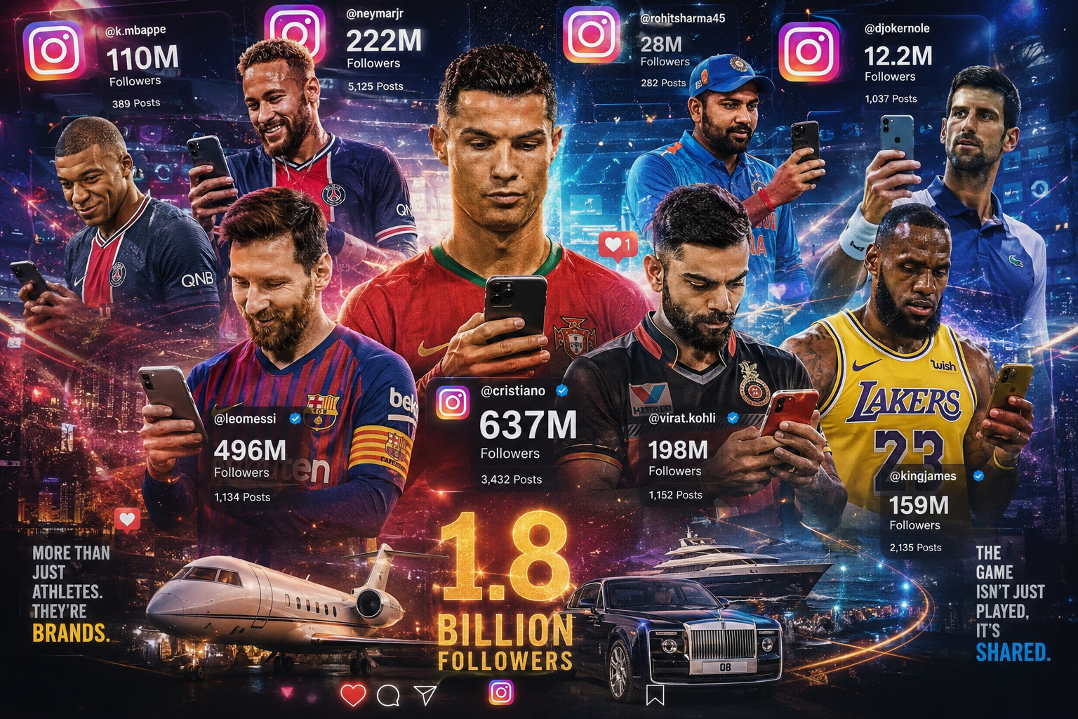 Global sports stars using smartphones in a futuristic world.