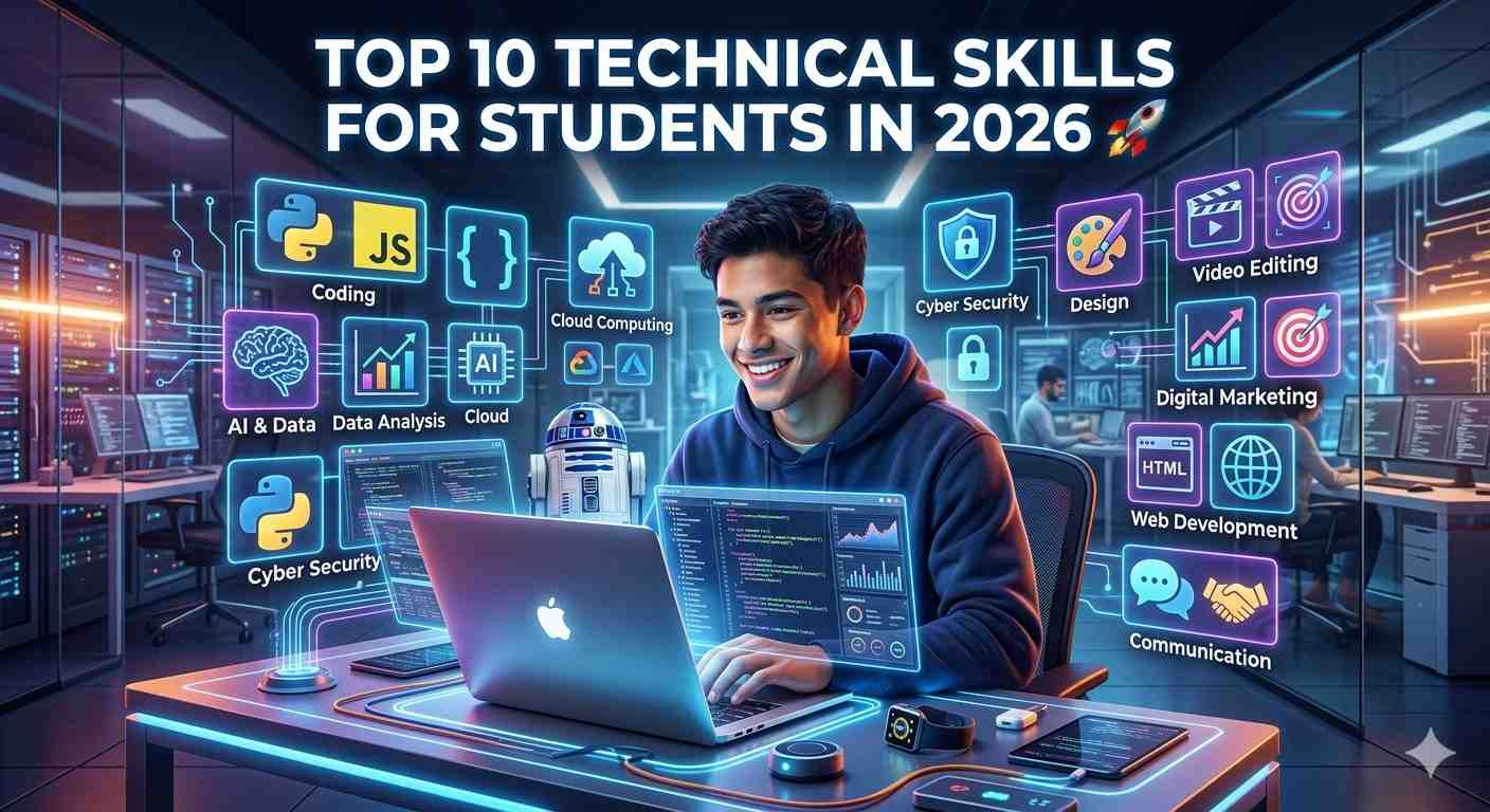 Technical Skills for Students in 2026 including coding, AI, data analysis, cybersecurity, web development, cloud computing, digital marketing, and communication skills