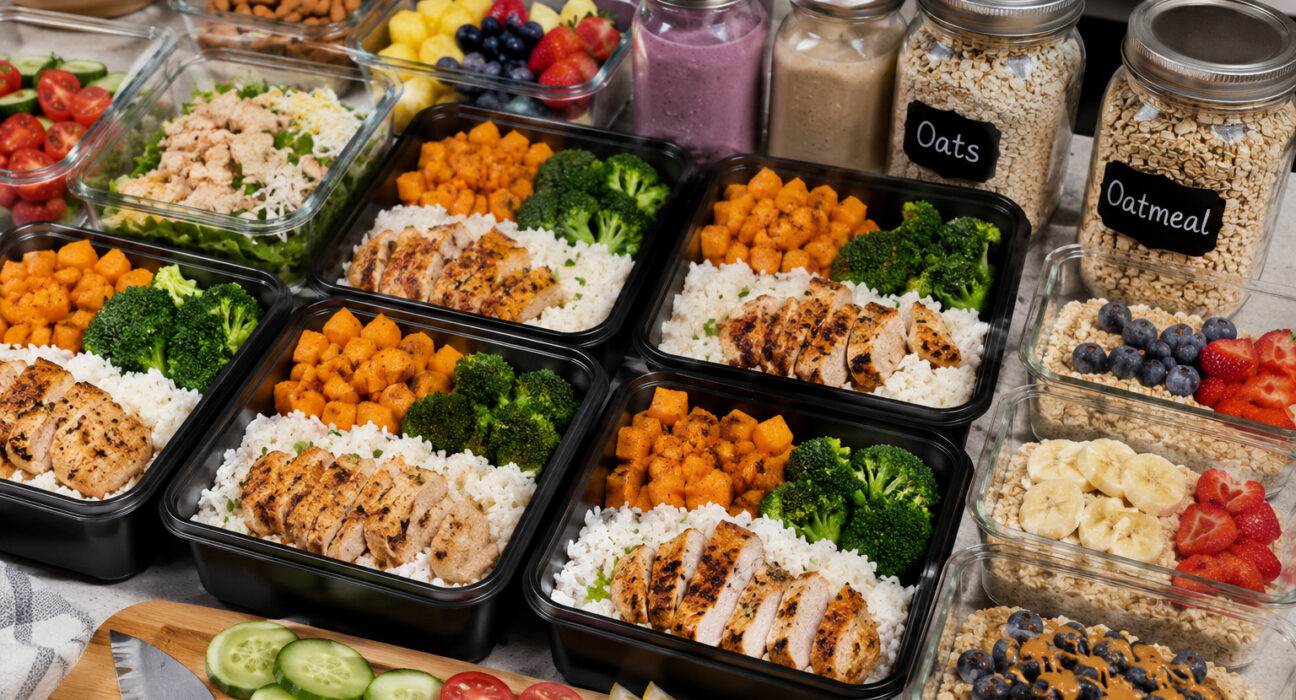 Budget-friendly healthy meal prep containers and meals.