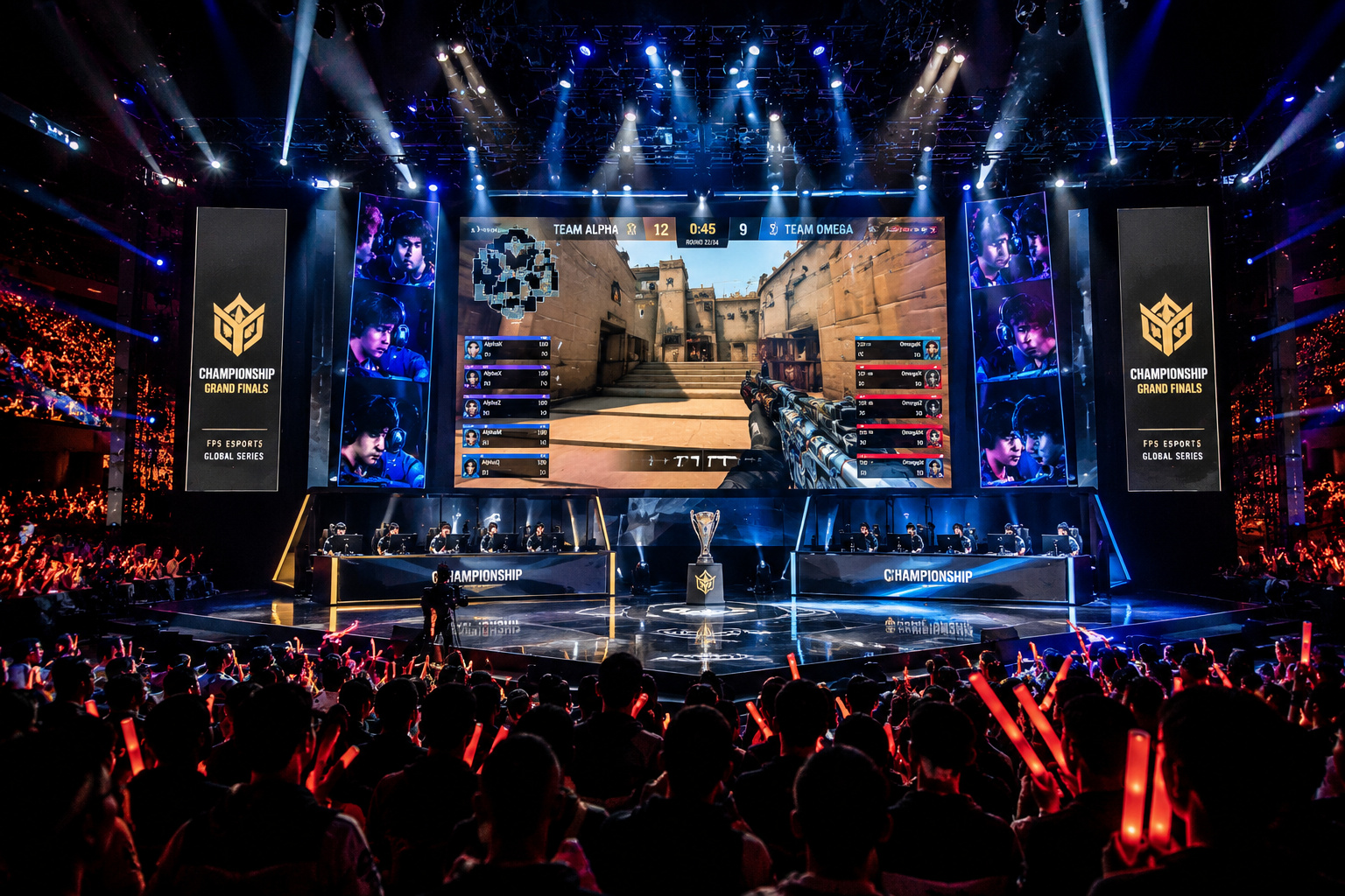 Professional esports shooter tournament championship stage.