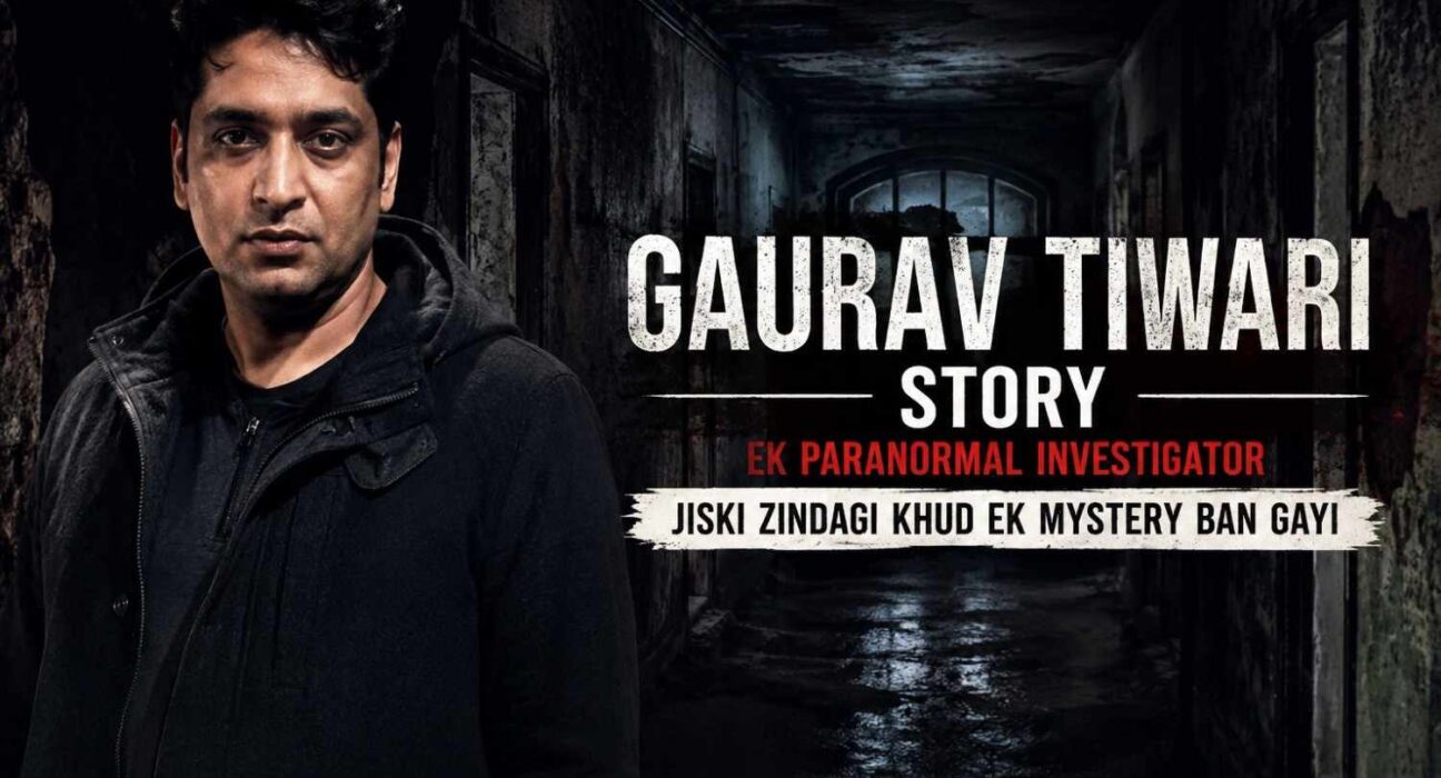 Gaurav Tiwari, an Indian paranormal investigator, standing in a dark abandoned hallway with a mysterious atmosphere.
