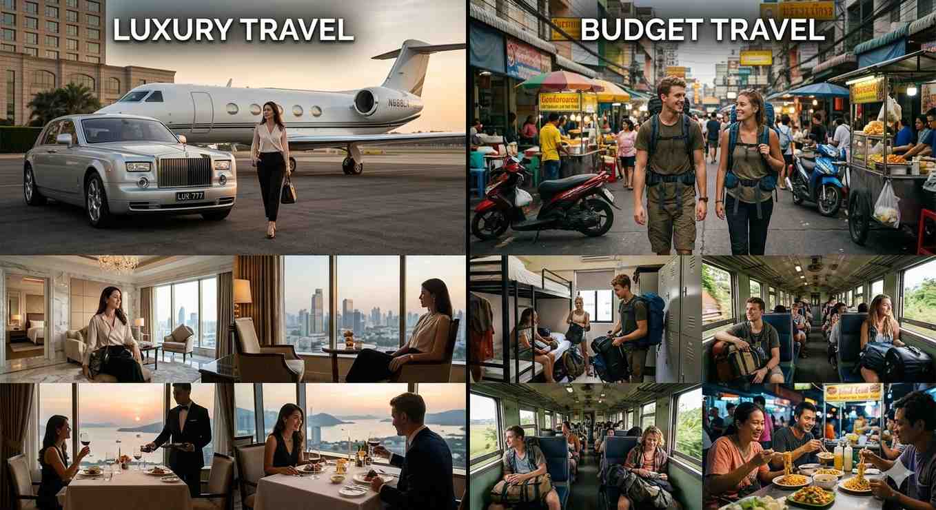Luxury vs budget travel comparison showing comfort, cost and travel style differences