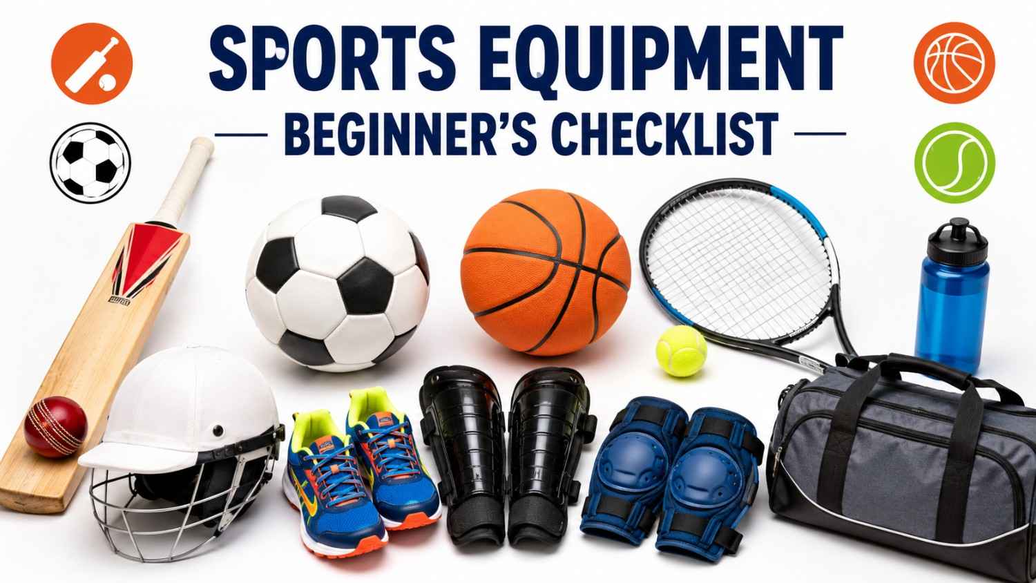 Sports equipment beginner's checklist showing essential sports gear for cricket football basketball tennis with protective gear shoes and equipment