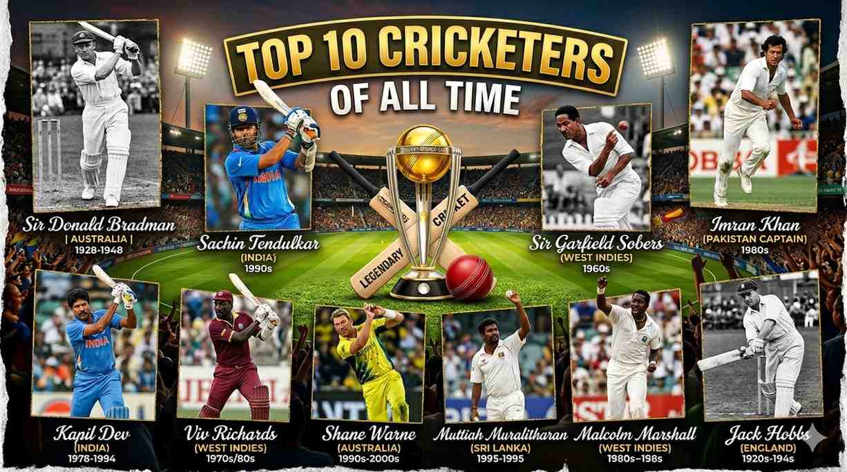 Top 10 cricket players of all time collage featuring Sachin Tendulkar Bradman Sobers and legendary cricketers with cricket bat ball trophy