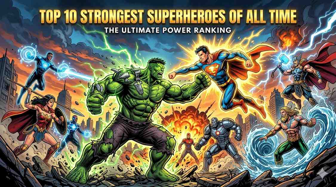 Top 10 strongest superheroes of all time collage featuring Hulk, Superman, Thor, Wonder Woman with power rankings and comic book background