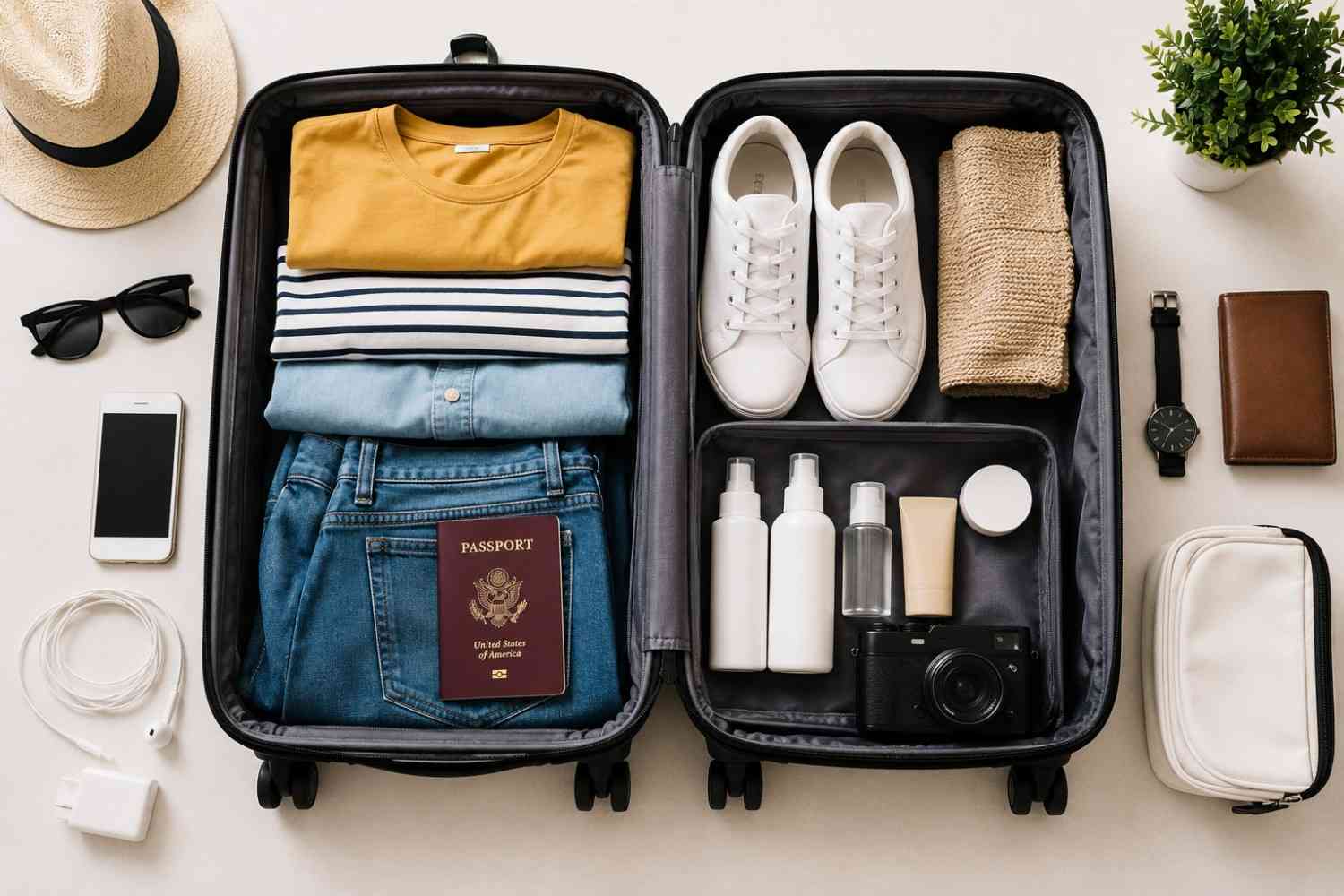 Travel packing checklist with suitcase, clothes, passport, and travel essentials