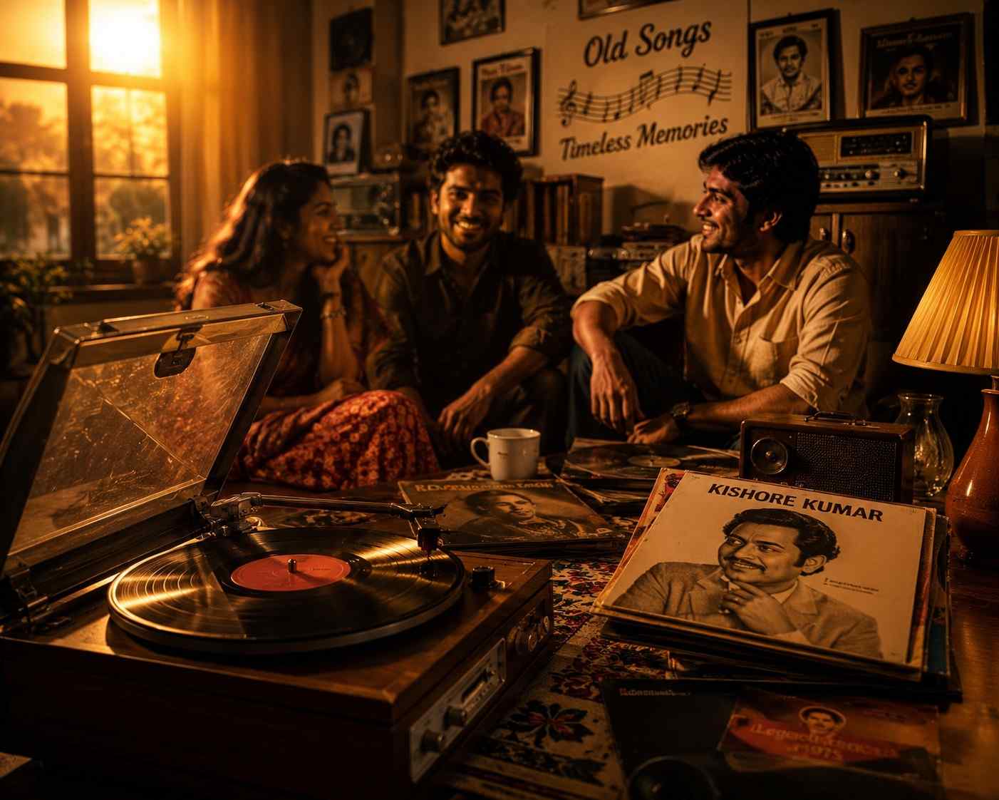 People enjoying classic old songs on a vintage music player